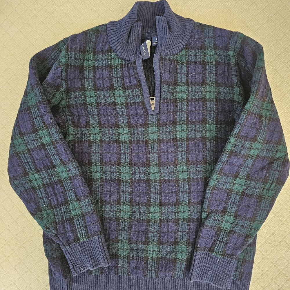 Janie and Jack Navy and Forest Checkered Zip-Up Sweater